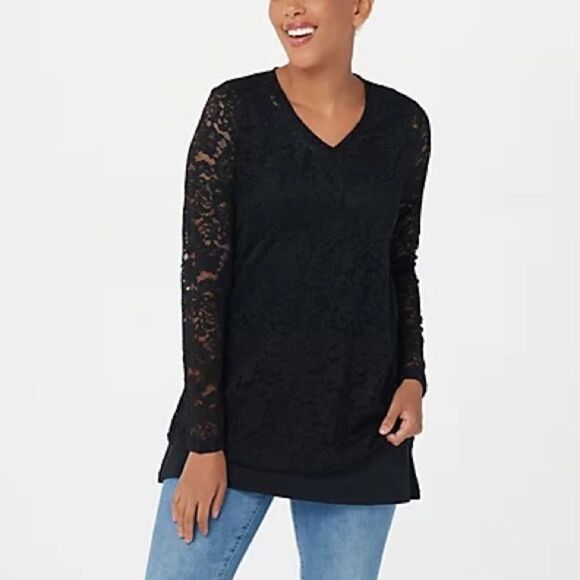 LOGO Layers by Lori Goldstein w/ Tank Twinset Stretch Lace Top - Picture 1 of 6